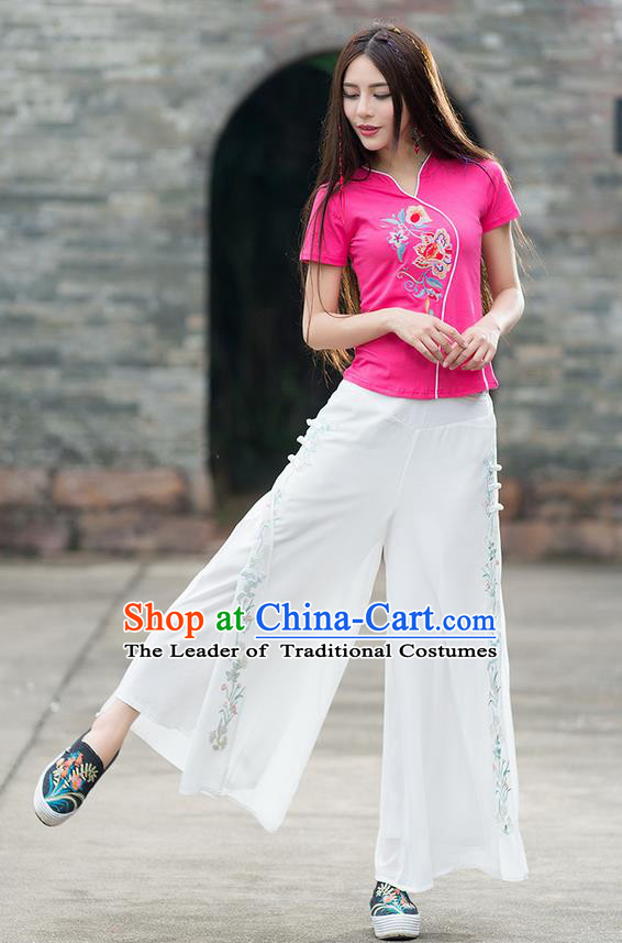 Traditional Chinese National Costume, Elegant Hanfu Embroidery Pink T-Shirt, China Tang Suit Republic of China Plated Buttons Blouse Cheongsam Upper Outer Garment Qipao Shirts Clothing for Women