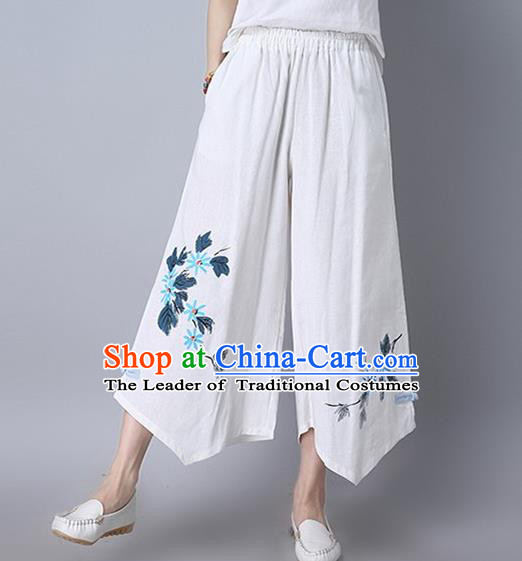 Traditional Chinese National Costume Loose Pants, Elegant Hanfu Embroidered Irregular Wide-leg White Trousers, China Ethnic Minorities Folk Dance Baggy Pants for Women