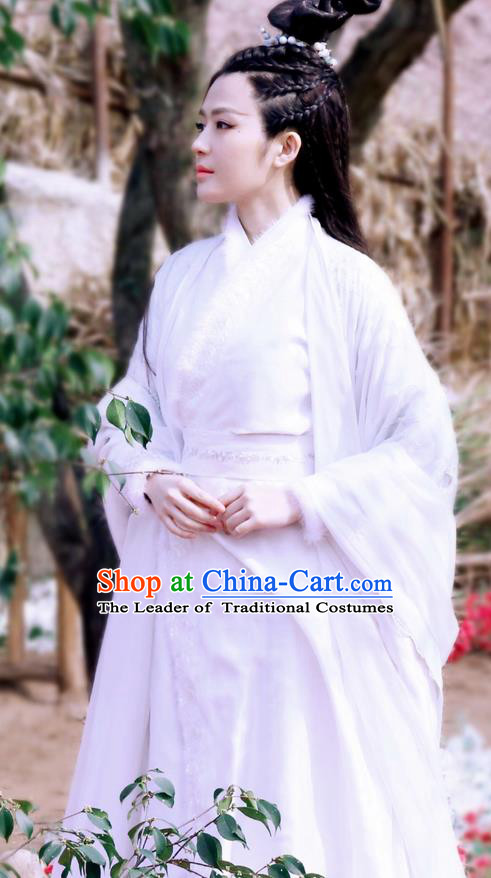 Traditional Ancient Chinese Elegant Swordsman Costume, Chinese Han Dynasty Young Lady Princess Dress, Cosplay Chinese Television Drama Jade Dynasty Qing Yun Faction Princess Peri Hanfu Trailing Embroidery Clothing for Women