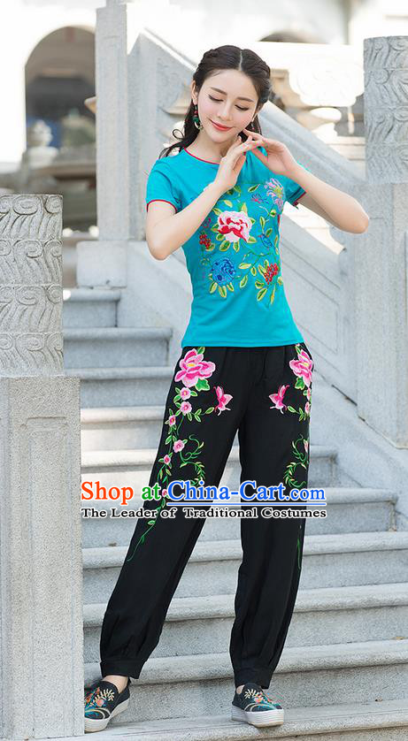 Traditional Chinese National Costume, Elegant Hanfu Embroidery Flowers Blue T-Shirt, China Tang Suit Republic of China Chirpaur Blouse Cheong-sam Upper Outer Garment Qipao Shirts Clothing for Women