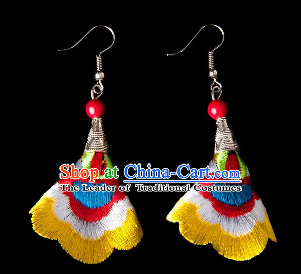 Traditional Chinese Miao Nationality Crafts, Yunnan Hmong Handmade Embroidery Flower Linen Yellow Earrings Pendant, China Ethnic Minority Eardrop Accessories Earbob Pendant for Women