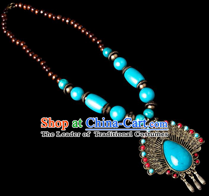 Traditional Chinese Zang Nationality Crafts, Hmong Handmade Tibet Blue Sweater Chain, Tibetan Ethnic Minority Necklace Accessories Pendant for Women