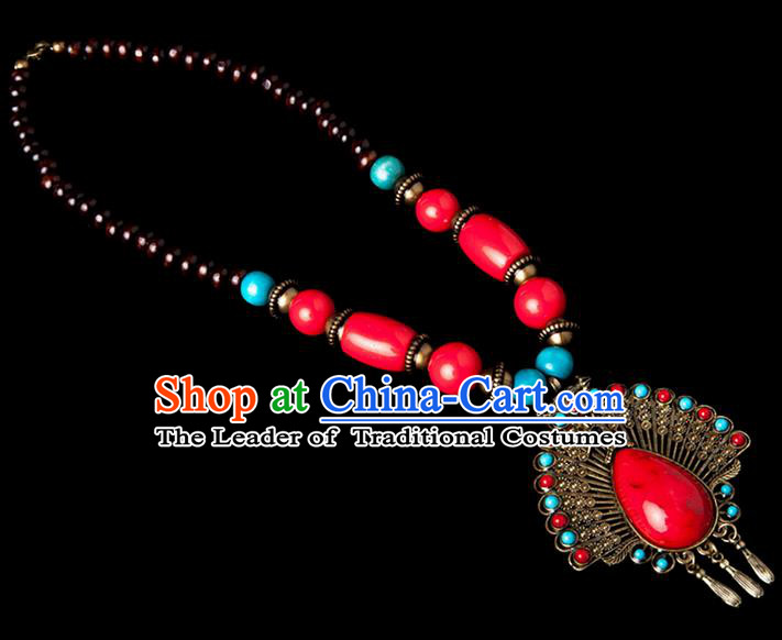 Traditional Chinese Zang Nationality Crafts, Hmong Handmade Tibet Red Sweater Chain, Tibetan Ethnic Minority Necklace Accessories Pendant for Women