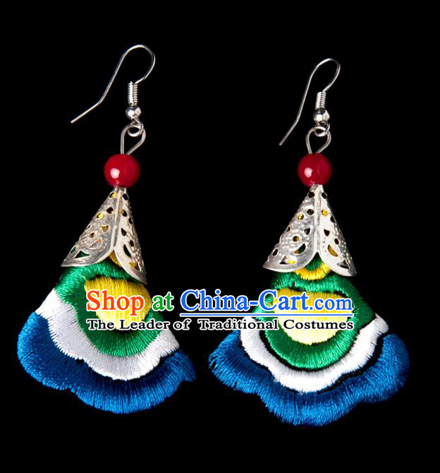 Traditional Chinese Miao Nationality Crafts, Yunnan National Handmade Embroidery Flower Linen Royalblue Earrings Pendant, China Ethnic Minority Eardrop Accessories Earbob Pendant for Women