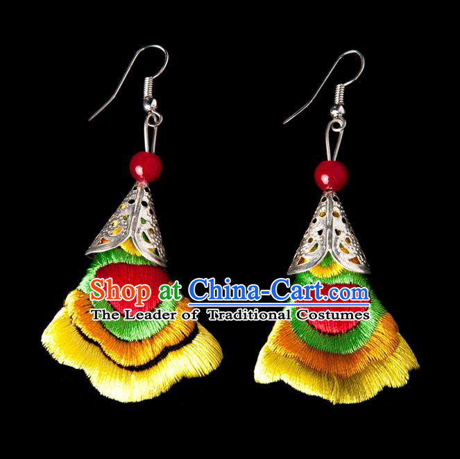 Traditional Chinese Miao Nationality Crafts, Yunnan National Handmade Embroidery Flower Linen Yellow Earrings Pendant, China Ethnic Minority Eardrop Accessories Earbob Pendant for Women