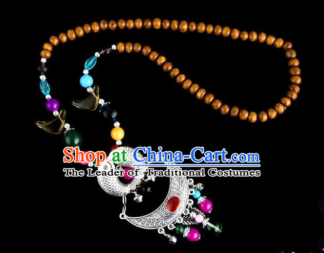 Traditional Chinese Zang Nationality Crafts, Hmong Handmade Tibet Log Beads Tassel Bells Sweater Chain, Tibetan Ethnic Minority Necklace Accessories Pendant for Women