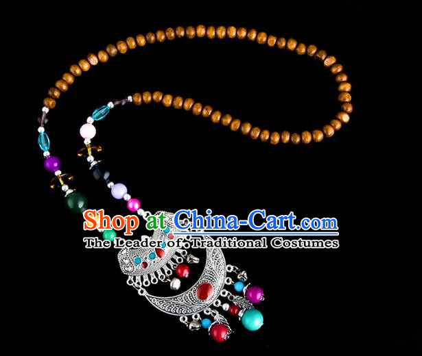 Traditional Chinese Zang Nationality Crafts, Hmong Handmade Tibet Log Beads Tassel Bells Sweater Chain, Tibetan Ethnic Minority Necklace Accessories Pendant for Women