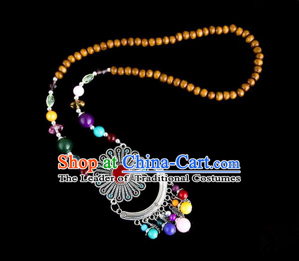 Traditional Chinese Zang Nationality Crafts, Hmong Handmade Tibet Log Beads Tassel Bells Sweater Chain, Tibetan Ethnic Minority Necklace Accessories Pendant for Women