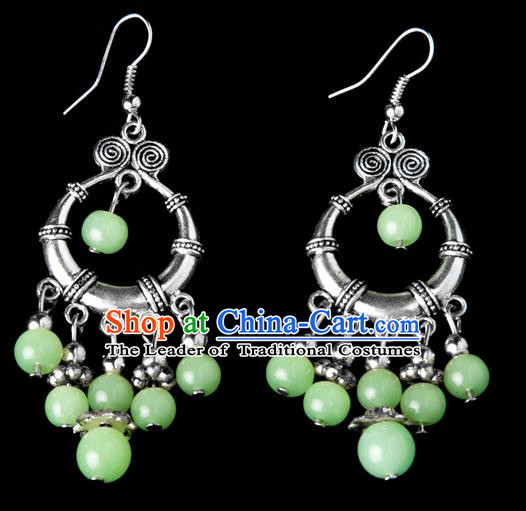 Traditional Chinese Miao Nationality Crafts, Yunnan Hmong Handmade Green Beads Tassel Earrings Pendant, China Ethnic Minority Eardrop Accessories Earbob Pendant for Women