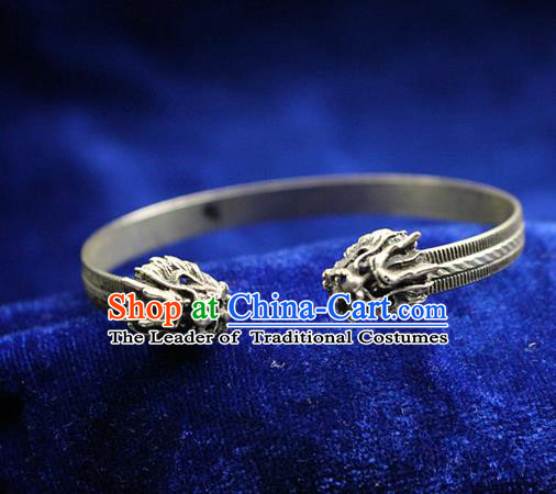 Traditional Chinese Miao Nationality Crafts Jewelry Accessory Bangle, Hmong Handmade Miao Silver Classical Dragon Bracelet, Miao Ethnic Minority Silver Bracelet Accessories for Women