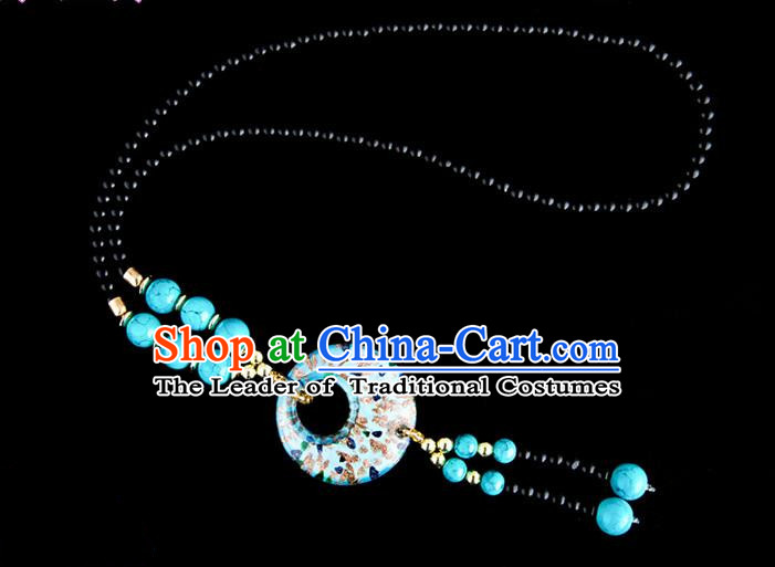 Traditional Chinese Miao Nationality Crafts, China Handmade Beads Light Blue Coloured Glaze Sweater Chain, China Miao Ethnic Minority Necklace Accessories Pendant for Women