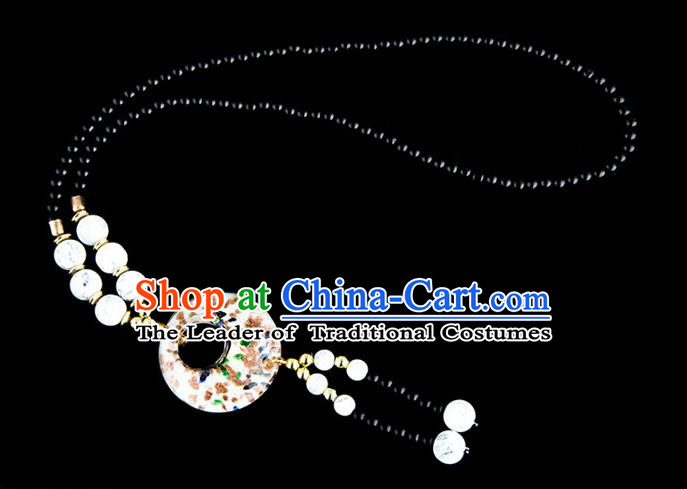 Traditional Chinese Miao Nationality Crafts, China Handmade Beads White Coloured Glaze Sweater Chain, China Miao Ethnic Minority Necklace Accessories Pendant for Women