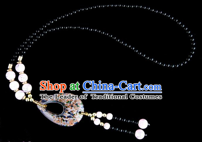 Traditional Chinese Zang Nationality Crafts, China Handmade Tibet Coloured Glaze Beads Pink Drop-shaped Tassel Sweater Chain, Tibetan Ethnic Minority Necklace Accessories Pendant for Women