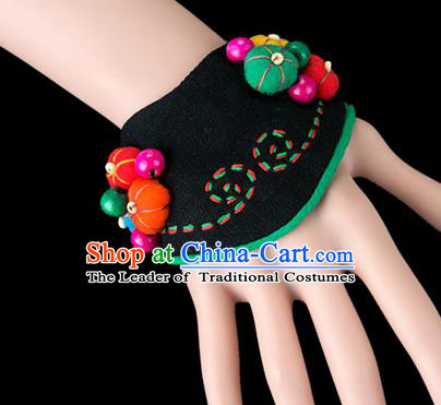 Traditional Chinese Miao Nationality Crafts, Yunnan Hmong Handmade Black Fabrics Bracelet Cuff Bells Hand Decorative, China Miao Ethnic Minority Bangle Accessories for Women