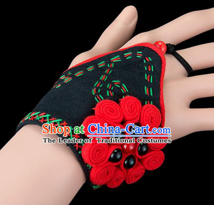 Traditional Chinese Miao Nationality Crafts, Yunnan Hmong Handmade Black Fabrics Bracelet Cuff Hand Decorative, China Miao Ethnic Minority Bangle Accessories for Women