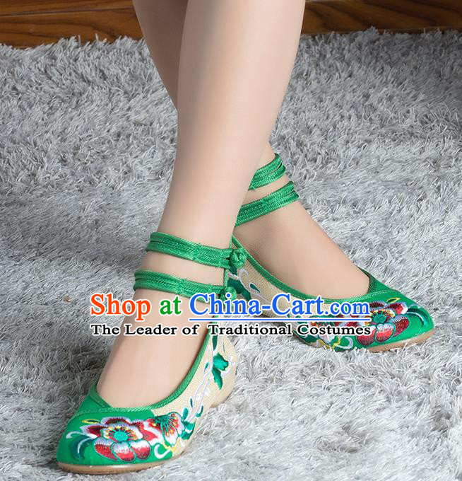 Traditional Chinese Shoes, China Handmade Linen Embroidered Peony Green Shoes, Ancient Princess Cloth Shoes for Women