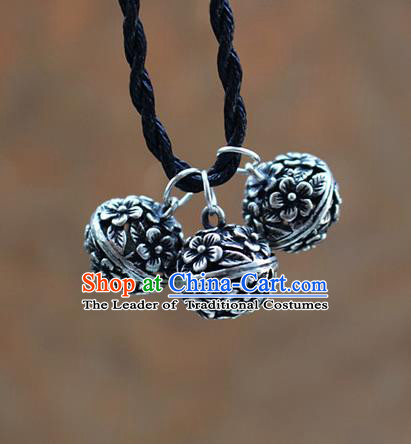 Traditional Chinese Miao Nationality Crafts Jewelry Accessory, Hmong Handmade Miao Silver Bells Pendant, Miao Ethnic Minority Necklace Accessories Sweater Chain Pendant for Women