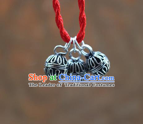 Traditional Chinese Miao Nationality Crafts Jewelry Accessory, Hmong Handmade Miao Silver Bells Pendant, Miao Ethnic Minority Necklace Accessories Sweater Chain Pendant for Women