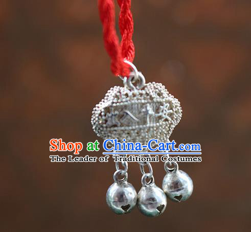 Traditional Chinese Miao Nationality Crafts Jewelry Accessory, Hmong Handmade Miao Silver Bells Longevity Lock Pendant, Miao Ethnic Minority Necklace Accessories Sweater Chain Pendant for Women