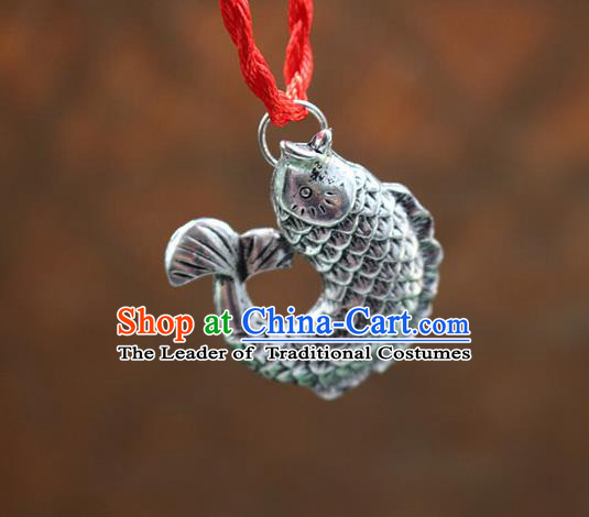 Traditional Chinese Miao Nationality Crafts Jewelry Accessory, Hmong Handmade Miao Silver Fish Pendant, Miao Ethnic Minority Necklace Accessories Sweater Chain Pendant for Women