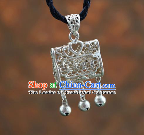 Traditional Chinese Miao Nationality Crafts Jewelry Accessory, Hmong Handmade Miao Silver Bells Pendant, Miao Ethnic Minority Necklace Accessories Sweater Chain Pendant for Women