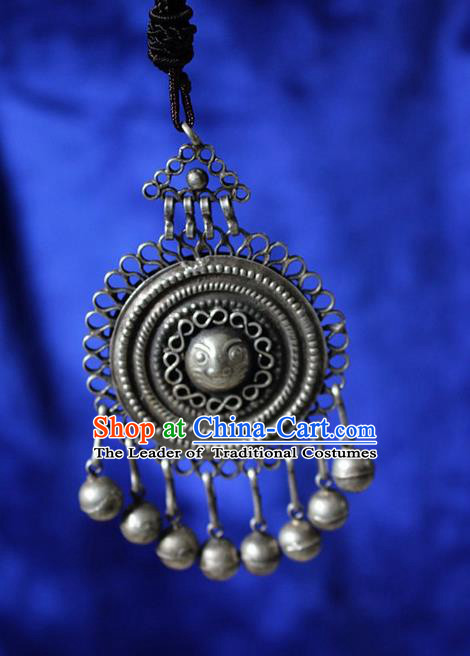 Traditional Chinese Miao Nationality Crafts Jewelry Accessory, Hmong Handmade Miao Silver Bells Tassel Pendant, Miao Ethnic Minority Necklace Accessories Sweater Chain Pendant for Women