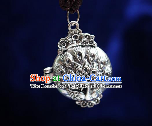 Traditional Chinese Miao Nationality Crafts Jewelry Accessory, Hmong Handmade Miao Silver Peacock Tassel Pendant, Miao Ethnic Minority Necklace Accessories Sweater Chain Pendant for Women