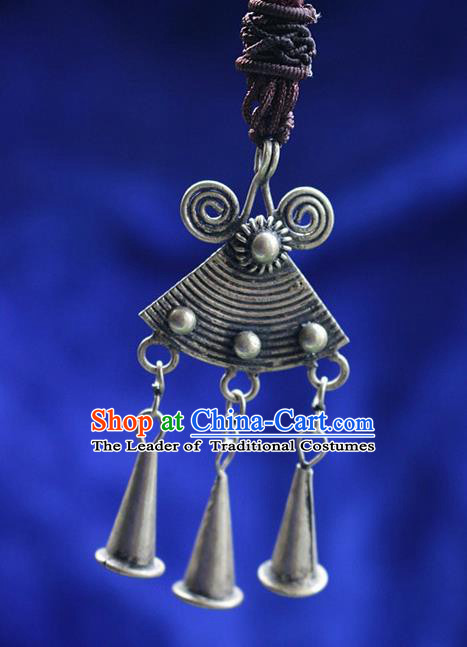 Traditional Chinese Miao Nationality Crafts Jewelry Accessory, Hmong Handmade Miao Silver Bells Tassel Pendant, Miao Ethnic Minority Bells Necklace Accessories Sweater Chain Pendant for Women