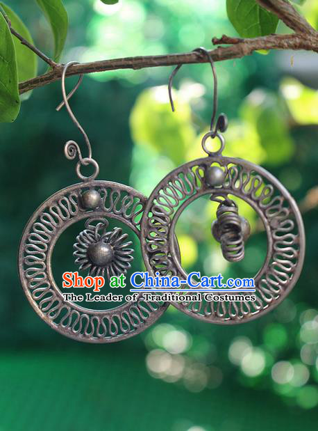 Traditional Chinese Miao Nationality Crafts Jewelry Accessory Classical Earbob Accessories, Hmong Handmade Miao Silver Palace Annulus Earrings, Miao Ethnic Minority Eardrop for Women