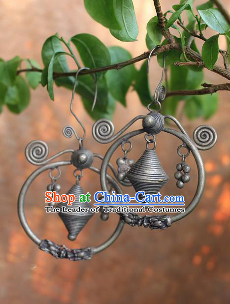 Traditional Chinese Miao Nationality Crafts Jewelry Accessory Classical Earbob Accessories, Hmong Handmade Miao Silver Palace Annulus Earrings, Miao Ethnic Minority Eardrop for Women