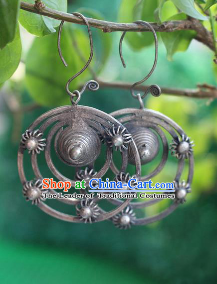 Traditional Chinese Miao Nationality Crafts Jewelry Accessory Classical Earbob Accessories, Hmong Handmade Miao Silver Palace Annulus Earrings, Miao Ethnic Minority Eardrop for Women