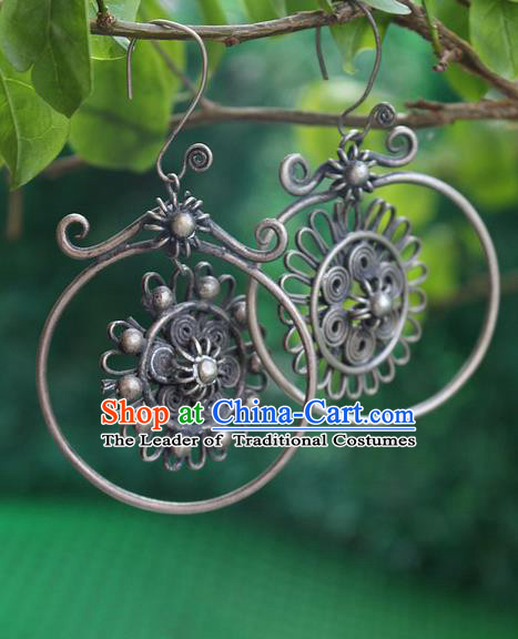 Traditional Chinese Miao Nationality Crafts Jewelry Accessory Classical Earbob Accessories, Hmong Handmade Miao Silver Palace Earrings, Miao Ethnic Minority Eardrop for Women