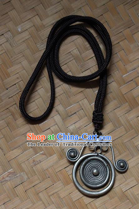 Traditional Chinese Miao Nationality Crafts Jewelry Accessory, Hmong Handmade Miao Silver Pendant, Miao Ethnic Minority Necklace Accessories Sweater Chain Pendant for Women
