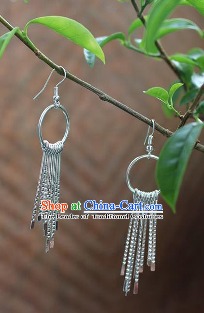 Traditional Chinese Miao Nationality Crafts Jewelry Accessory Classical Earbob Accessories, Hmong Handmade Miao Silver Exaggerated Palace Tassel Earrings, Miao Ethnic Minority Eardrop for Women