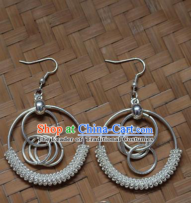 Traditional Chinese Miao Nationality Crafts Jewelry Accessory Classical Earbob Accessories, Hmong Handmade Miao Silver Exaggerated Palace Tassel Earrings, Miao Ethnic Minority Eardrop for Women