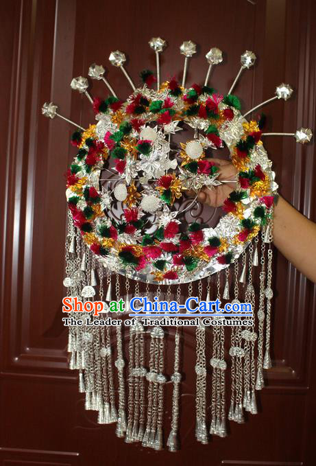 Traditional Chinese Miao Nationality Crafts Jewelry Accessory Hair Accessories, Hmong Handmade Miao Silver Palace Lady Headwear Hair Tuinga, Miao Ethnic Minority Hair Fascinators Hairpins Phoenix Coronet for Women