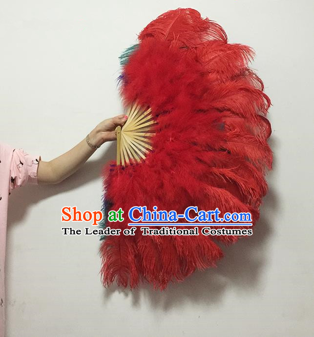 Traditional Handmade Chinese Classical Ostrich Feather Fans, China Folk Dance Fan Dance Stage Performance Red Fan for Women