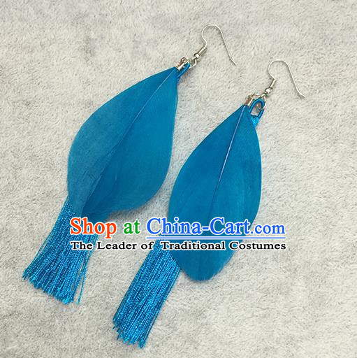 Chinese Classicla Jewelry Accessory Earbob Accessories, Handmade Blue Feather Tassel Earrings Eardrop for Women