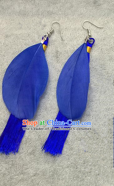 Chinese Classicla Jewelry Accessory Earbob Accessories, Handmade Royalblue Feather Tassel Earrings Eardrop for Women