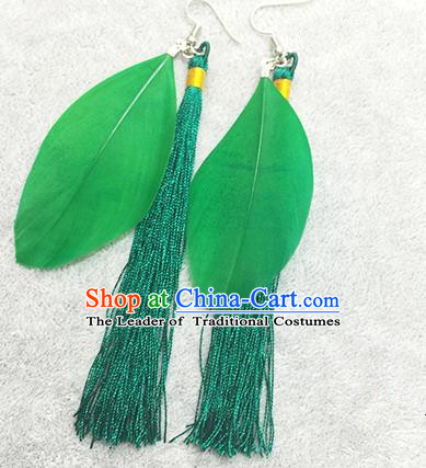 Chinese Classicla Jewelry Accessory Earbob Accessories, Handmade Green Feather Tassel Earrings Eardrop for Women