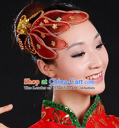 Traditional Handmade Chinese Yangge Fan Dancing Classical Hair Accessories, Folk Dance Yangko Peacock Dance Red Flower Headwear For Women