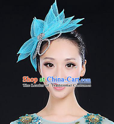 Traditional Handmade Chinese Yangge Fan Dancing Classical Hair Accessories, Folk Dance Yangko Peacock Dance Blue Lotus Flower Headwear For Women