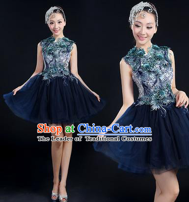 Traditional Chinese Modern Dancing Costume, Women Opening Classic Chorus Singing Group Dance Paillette Costume, Modern Dance Short Deep Blue Bubble Dress for Women