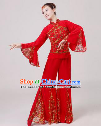 Traditional Chinese Yangge Fan Dancing Costume, Folk Dance Yangko Costume Drum Dance Embroidered Red Clothing for Women