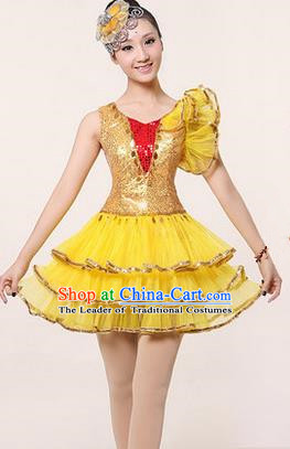 Traditional Chinese Modern Dancing Costume, Women Opening Classic Stage Performance Chorus Singing Group Dance Paillette Costume, Modern Dance Yellow Bubble Dress for Women