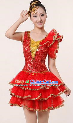 Traditional Chinese Modern Dancing Costume, Women Opening Classic Stage Performance Chorus Singing Group Dance Paillette Costume, Modern Dance Red Bubble Dress for Women