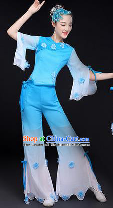 Traditional Chinese Yangge Fan Dancing Costume, Folk Dance Yangko Costume Drum Dance Classic Dance Jasmine Flower Blue Clothing for Women