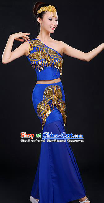 Traditional Chinese Dai Nationality Peacock Dancing Costume, Folk Dance Ethnic Paillette Dress, Chinese Minority Nationality Classic Dance Royalblue Costume for Women