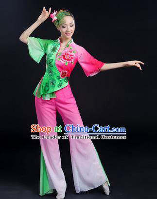 Traditional Chinese Yangge Fan Dancing Costume, Folk Dance Yangko Dress, Classic Dance Drum Dance Peony Clothing for Women