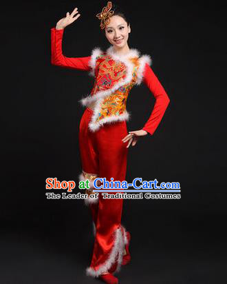 Traditional Chinese Yangge Fan Dancing Costume, Classic Dance Folk Dance Yangko Costume Drum Dance Red Dragon Clothing for Women